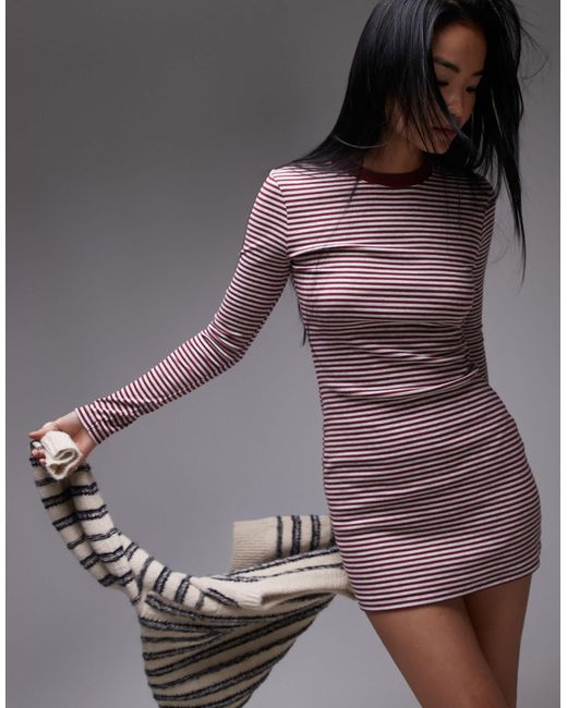 TOPSHOP Red Stripe Long Sleeve Crew Neck Mini Dress