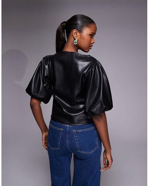 ASOS Blue Pu Puff Sleeve Button Through Top