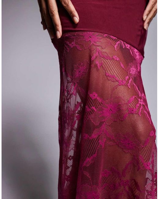 Kaiia Exclusive Double Layered Slinky Twist Off Shoulder Asymmetric Sheer Lace Skirt Maxi Dress