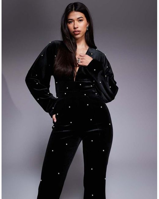 ASOS Blue Velvet Plunge Jumpsuit With Pearl Embellishment