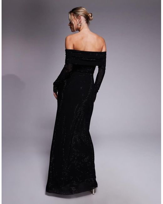 Forever New Black Slinky Hotfix Fold Over Bardot Maxi Dress