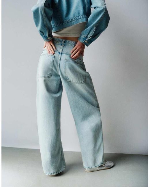 Pull&Bear Blue Embroidered Barrel Jeans
