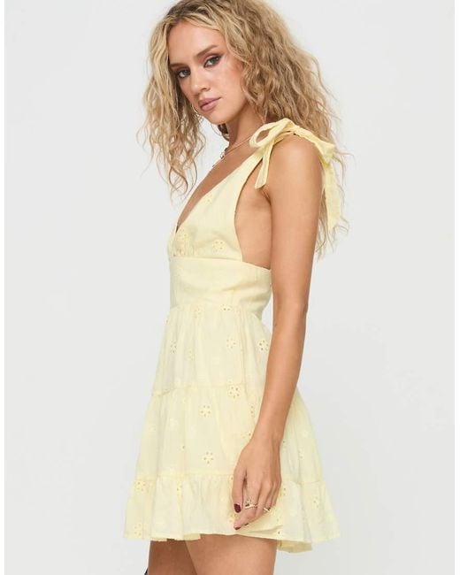 Princess Polly Yellow Broderie Tie Shoulder Plunge Tiered Mini Dress