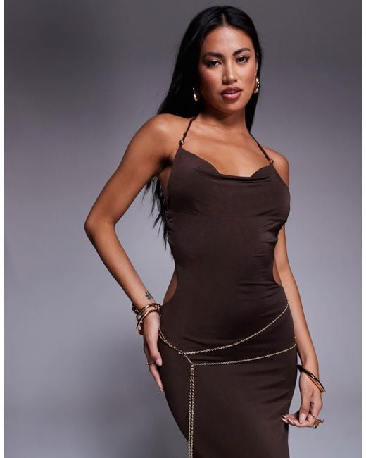 Tiger Mist Suriya Cowl Halterneck Open Tie Back Chain Detail Maxi Dress in  Brown | Lyst