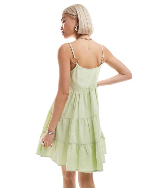 Collusion Green Cotton Linen Tiered Sun Dress With Bunny Tie And Ring Detail