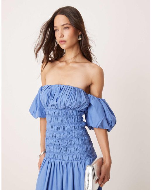 Abercrombie & Fitch Blue – schulterfreies, gesmoktes maxikleid