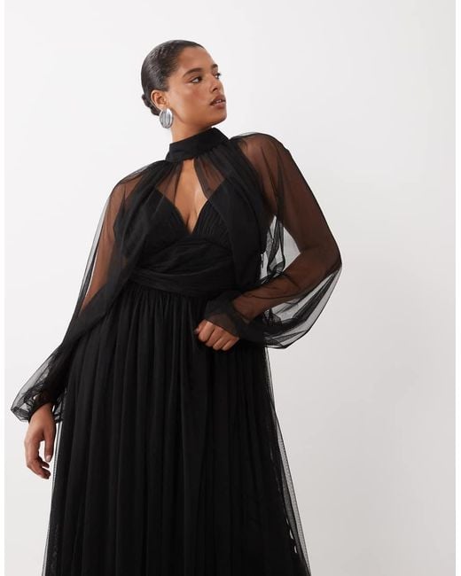 Lace & Beads Plus Black Tulle Sheer Balloon Sleeve High Neck Plunge Neck Maxi Dress