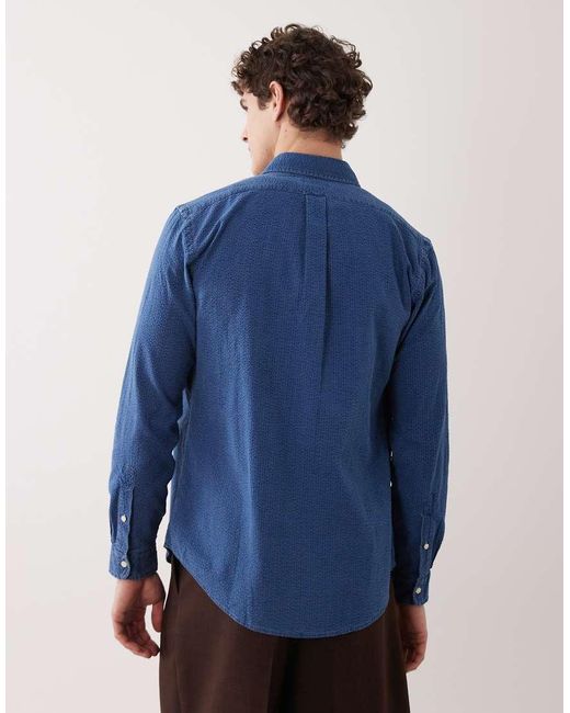 Polo Ralph Lauren Blue Icon Logo Long Sleeve Cotton Seersucker Shirt for men