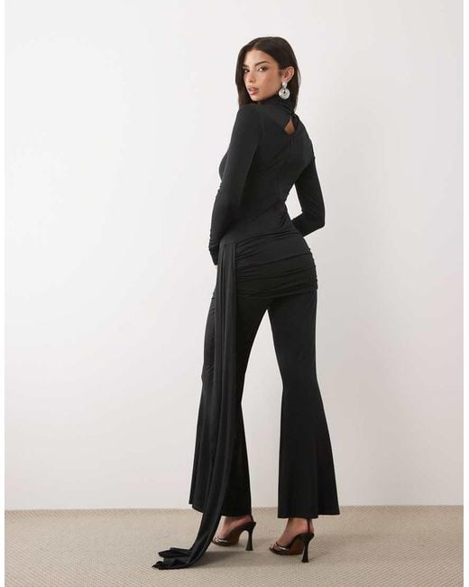 DASKA Black Slinky High Neck Draped Detail Jumpsuit