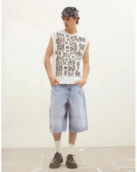 Bershka Blue baggy Denim Bermuda Shorts for men