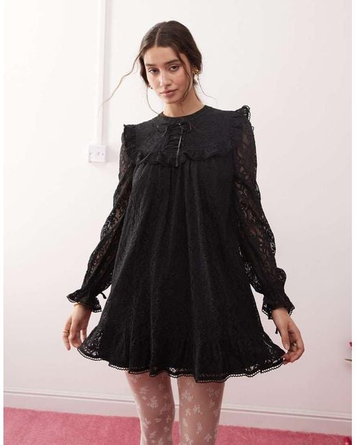 Miss Selfridge Black Ribbon Detail Lace Smock Dress