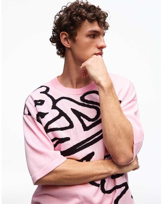 Bershka Pink Short Sleeve Print T-shirt for men
