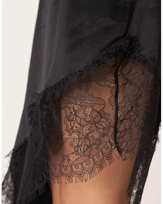 ASOS Black Satin Lace Trim Asym Hem Maxi Dress