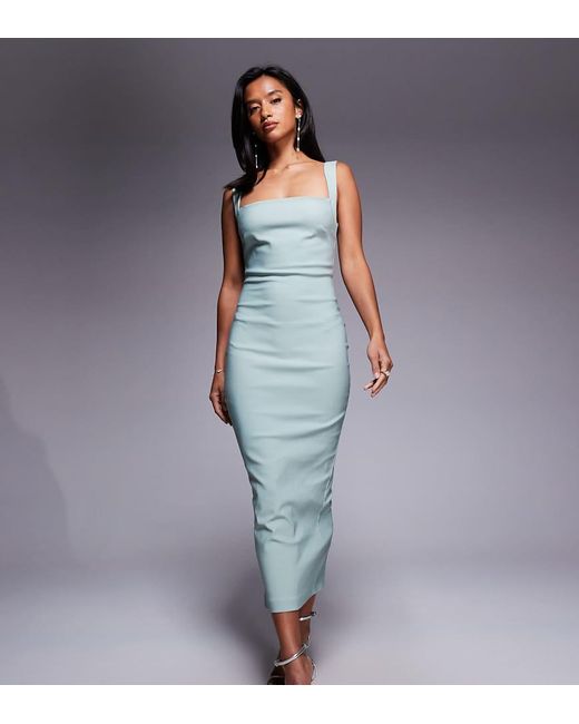 Vestido Semilargo Verde Con Escote Cuadrado Y Espalda Ancha De Bengalina De Vesper Petite de color Blue