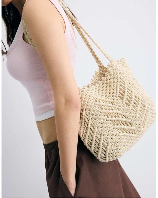Stradivarius Natural Metallic Thread Crochet Shopper Bag