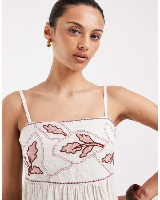 Vero Moda Pink Cotton Cami Maxi Dress With Contrast Leaf Embroidery