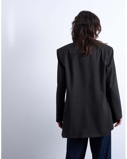 Blazer Oversize Color Cioccolato Scuro Doppiopetto Con Leggero Motivo Gessato di TOPSHOP in Blue