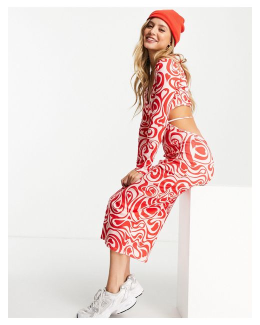 Monki Red Heart Swirl Print Cut Out Midi Dress