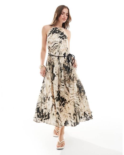 Mango White Snake Print Halterneck Pleated Midi Dress