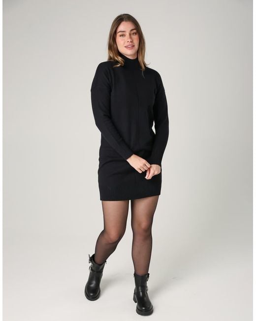 French Connection Black Cosy Soft Touch High Neck Seam Jumper Mini Dress