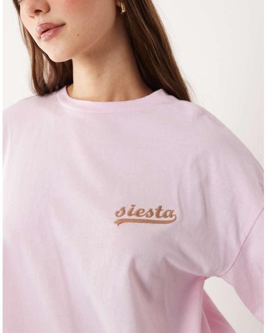 ASOS Pink Embroidered Siesta Slogan Short Sleeve Tee And Shorts Pyjama Set With Lettuce Edge