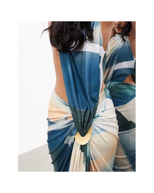 ASOS Blue Sleeveless Drape Detail Maxi Dress With Plate Trim