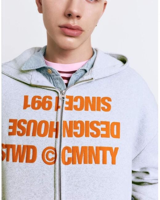 Pull&Bear White Hoodie With Zip And Slogan for men