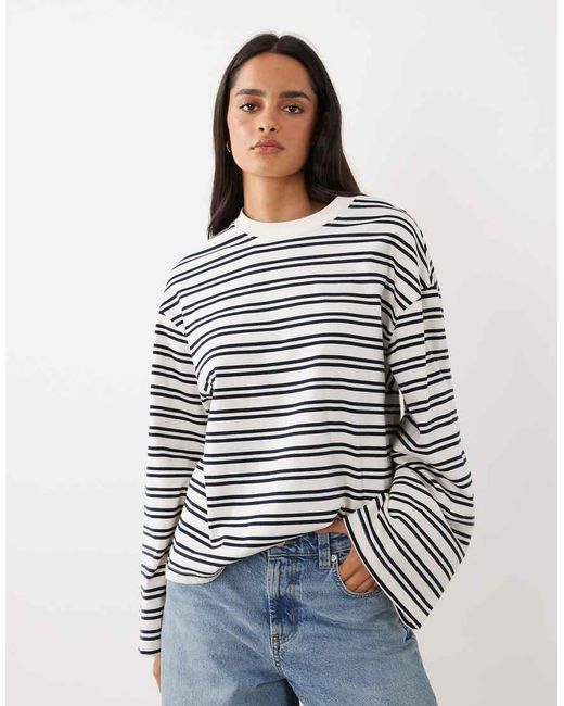 Gina Tricot White Pure Cotton Stripe Long Sleeve Tee With Wide Sleeve