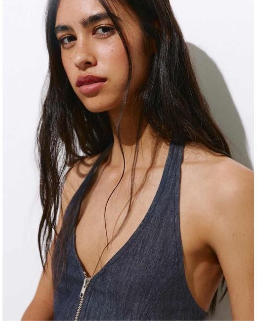 Pull&Bear Blue Denim Halter Top With Zip