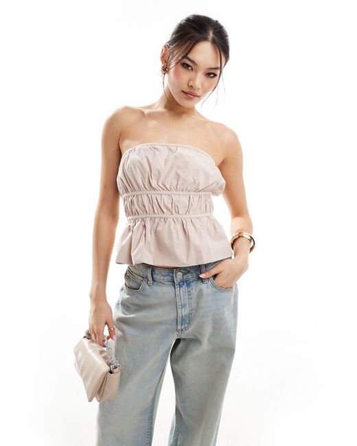 ASOS Natural Bubble Hem Shirred Bandeau Top With Tie Back