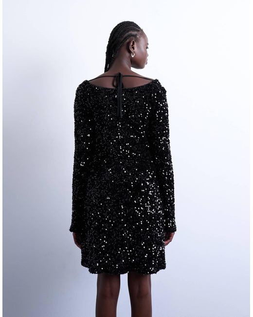 TOPSHOP White Long Sleeve Cowl Back Sequin Velvet Mini Dress