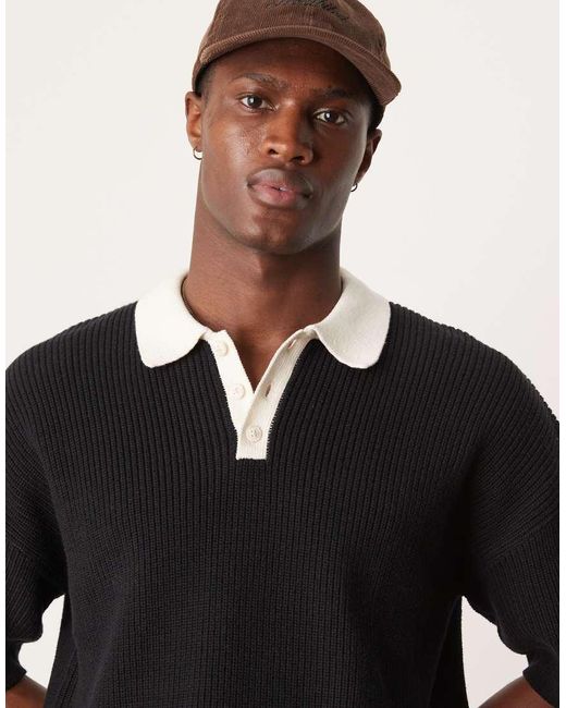 ASOS Black Relaxed Fit Knitted Polo With 3/4 Length Sleeves for men