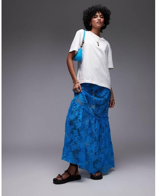TOPSHOP Blue Sheer Lace Maxi Skirt