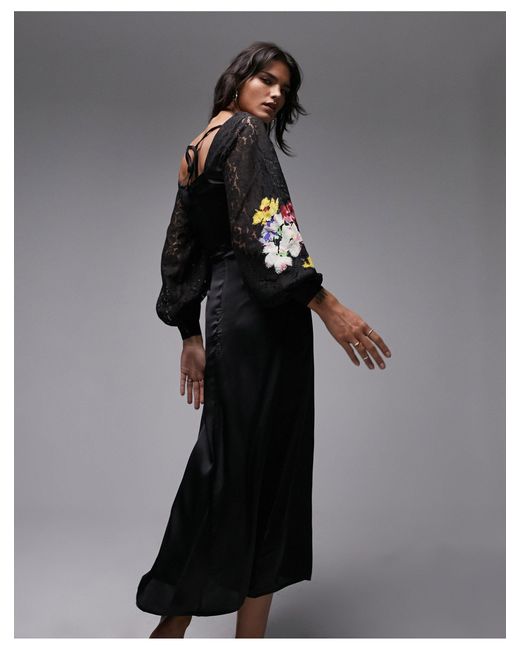 TOPSHOP Black Lace Sleeve Satin Gown