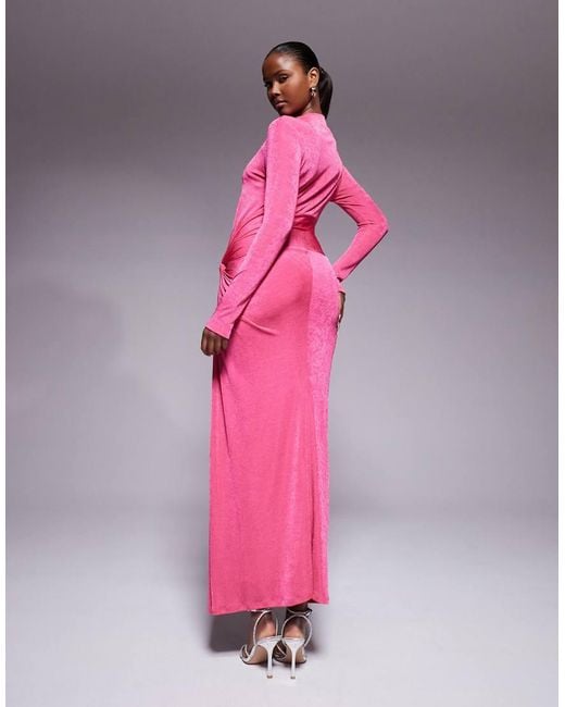 DASKA Pink Stretch Long Sleeve High Neck Twist Detail Maxi Dress