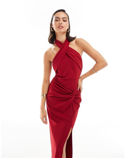 TFNC London Red Crepe Halter Neck Maxi Dress With Thigh Split