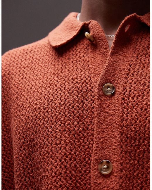 Topman Red Button Through Crochet Shirt for men