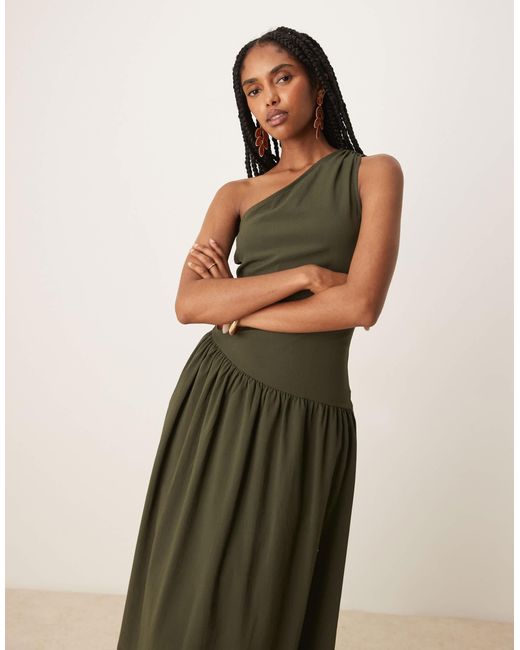 Mango Green One Shoulder Drop Waist Maxi Dress With Soft Bubble Hem