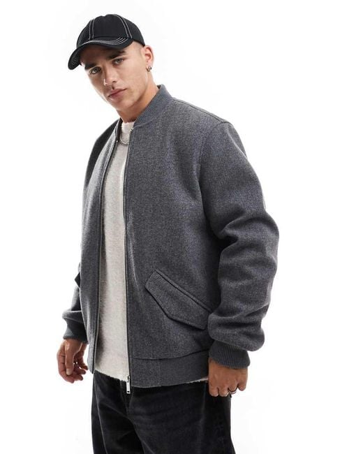 New Look Gray Wool Look Bomber Jacket for men