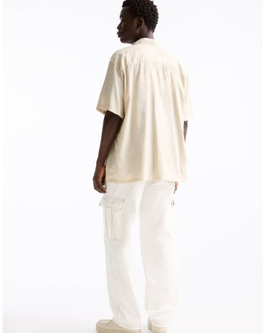 Pull&Bear Natural Linen Look Revere Neck Shirt for men