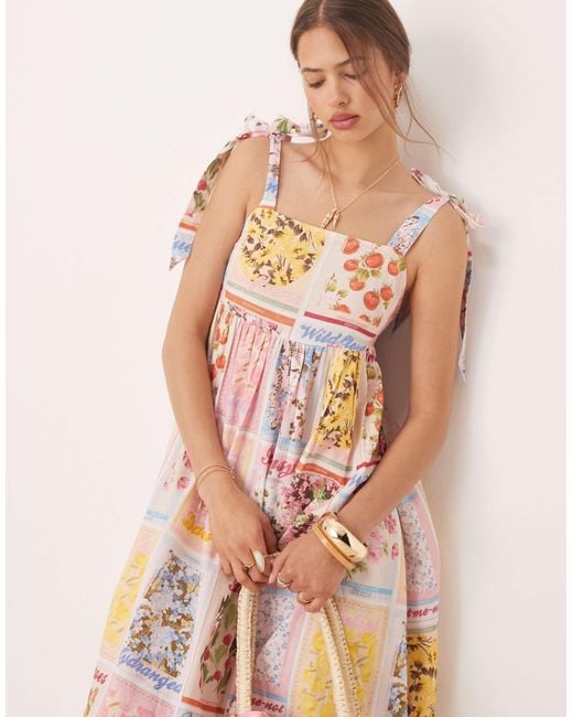 Miss Selfridge Pink Tie Shoulder Postcard Print Maxi