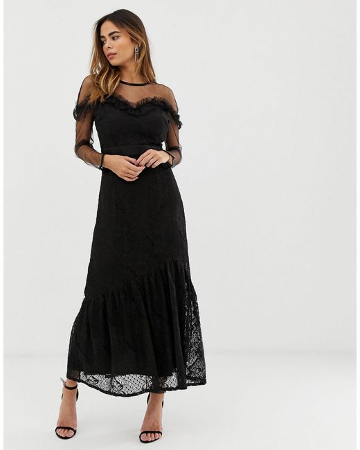 black lace ruffle detail maxi dress