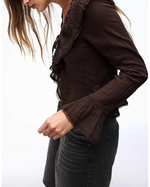 Bershka Black Rustic Long Sleeve Ruffle Blouse
