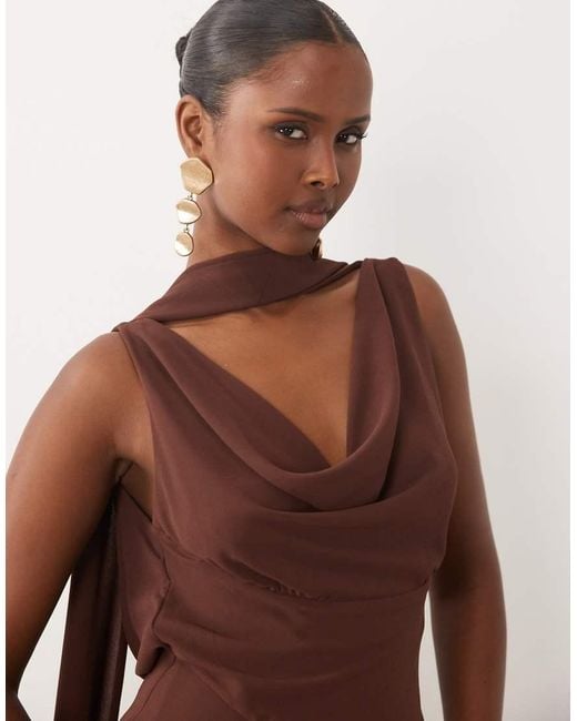 Never Fully Dressed Brown Sophie Chiffon Cowl Neck Scarf Detail Mini Dress