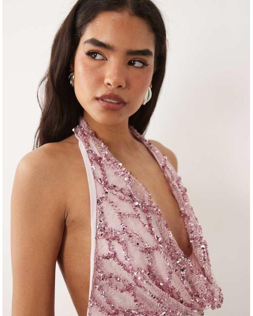 ASOS Pink Lace Sequin Halterneck Mini Dress