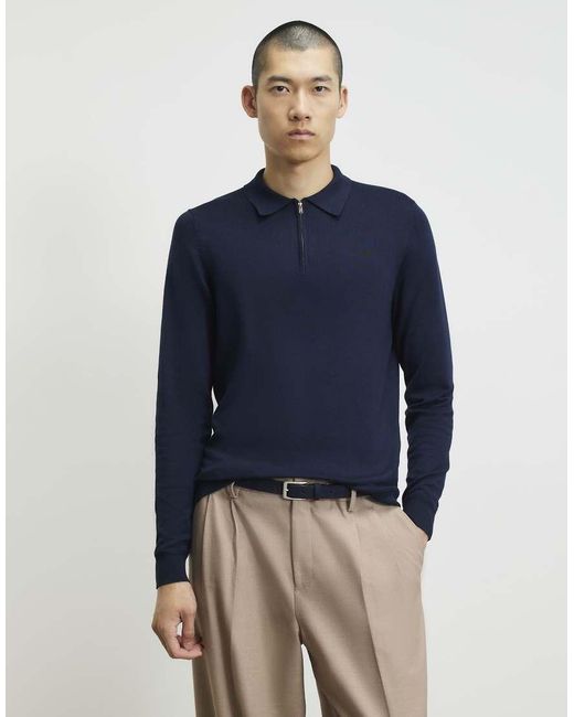 River Island Blue Slim Fit Knitted Polo Shirt for men