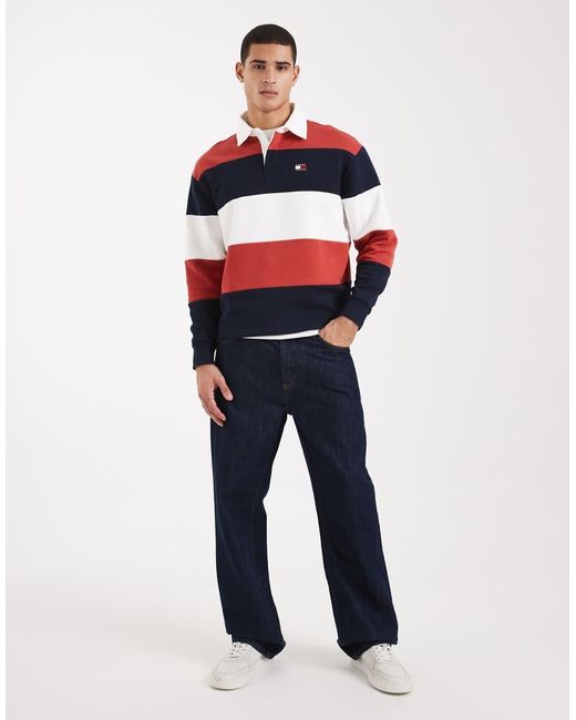 Maglione Stile Rugby Comodo Rosso, E Bianco A Righe Con Logo A Bandiera di Tommy Hilfiger in Red da Uomo