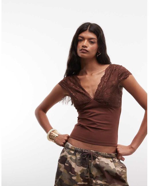 Reclaimed Vintage Brown Chocolate Lace And And Jersey Mix Vest Top