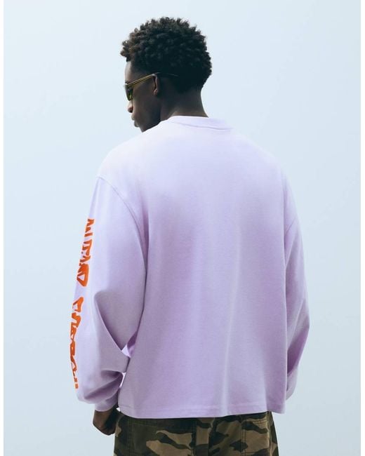 Bershka Purple Long-sleeve Print T-shirt for men