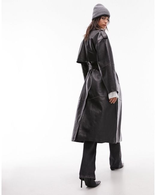TOPSHOP Black Longline Washed Faux Leather Trench